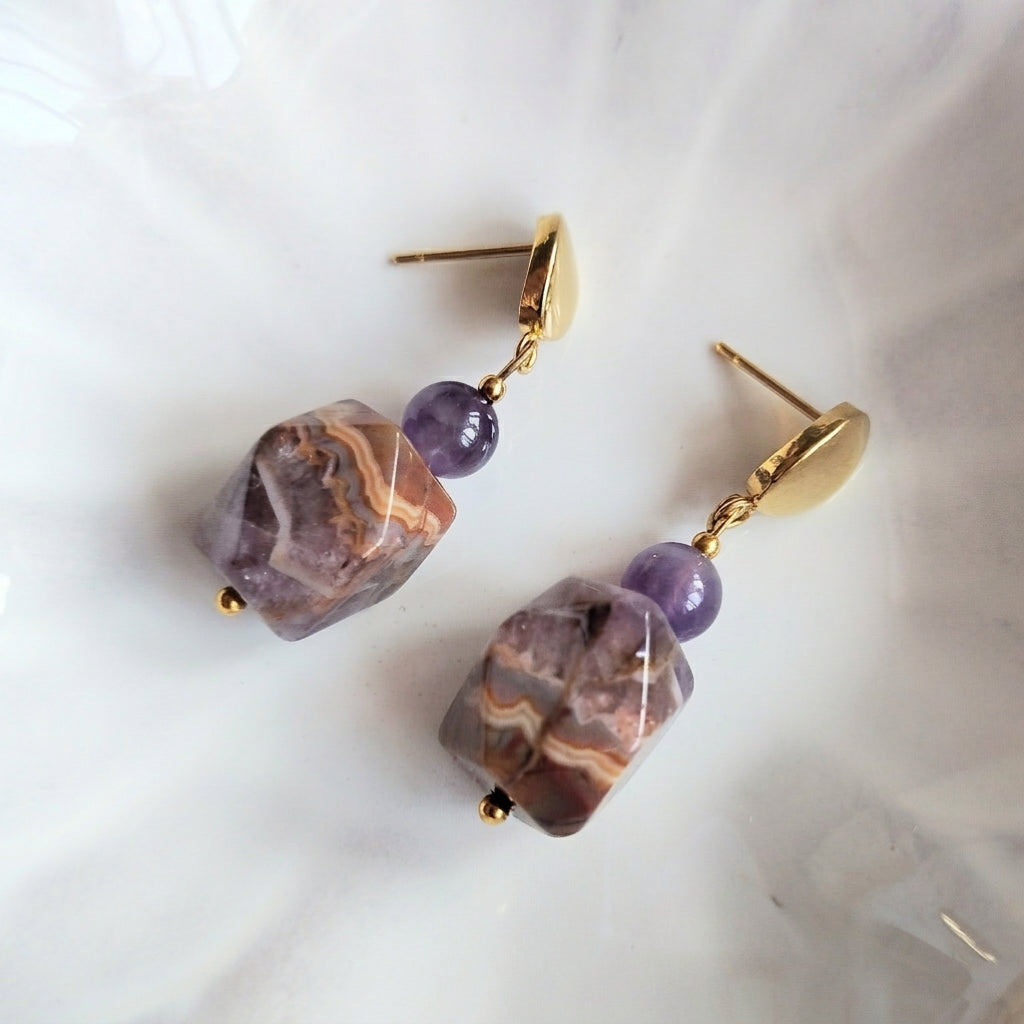 Amethyst-Agate Symbiotic Quartz Drop Earrings – Gold-Plated Stainless Steel
