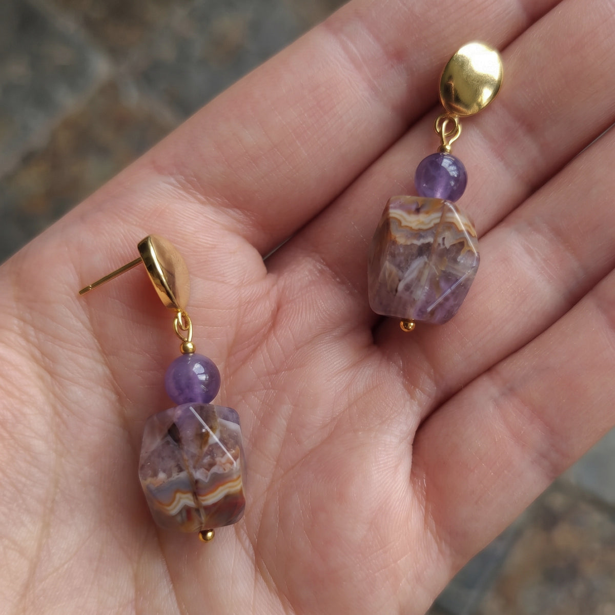 Amethyst-Agate Symbiotic Quartz Drop Earrings – Gold-Plated Stainless Steel