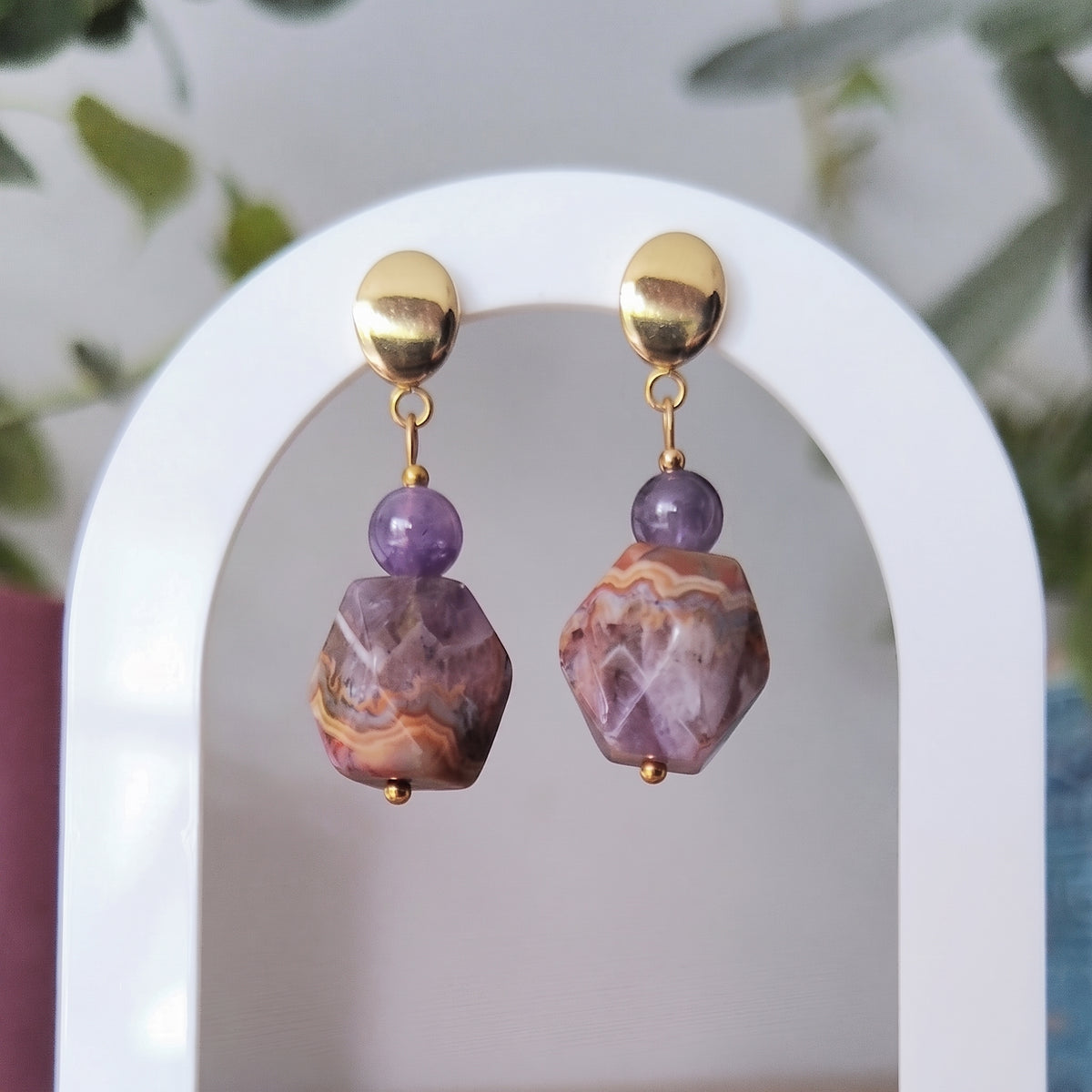 Amethyst-Agate Symbiotic Quartz Drop Earrings – Gold-Plated Stainless Steel