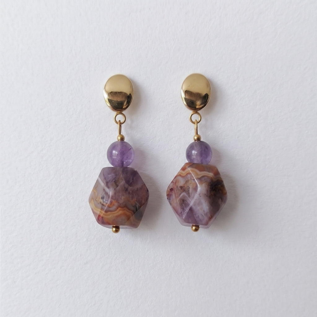 Amethyst-Agate Symbiotic Quartz Drop Earrings – Gold-Plated Stainless Steel