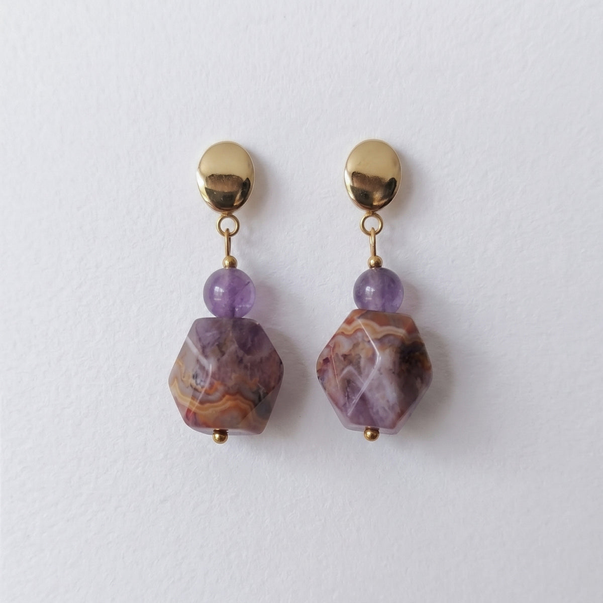 Amethyst-Agate Symbiotic Quartz Drop Earrings – Gold-Plated Stainless Steel