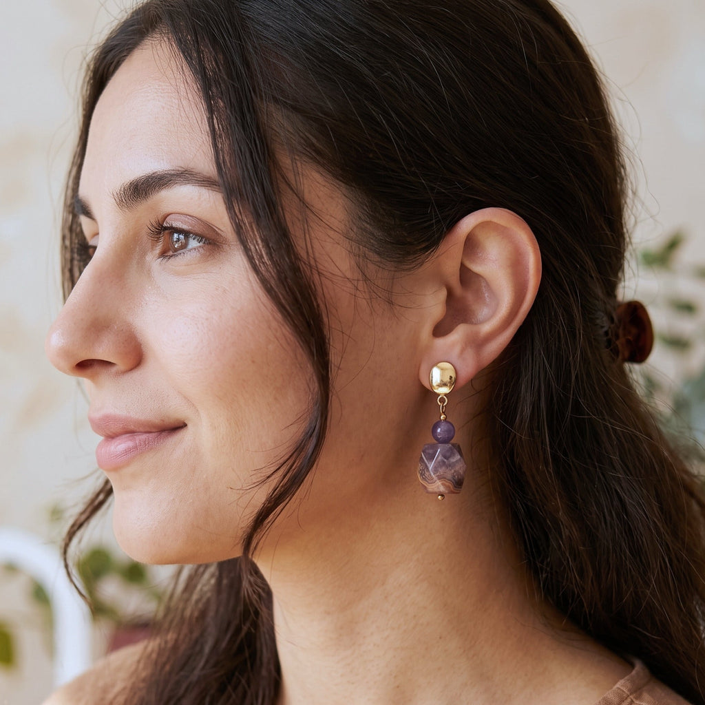 Amethyst-Agate Symbiotic Quartz Drop Earrings – Gold-Plated Stainless Steel