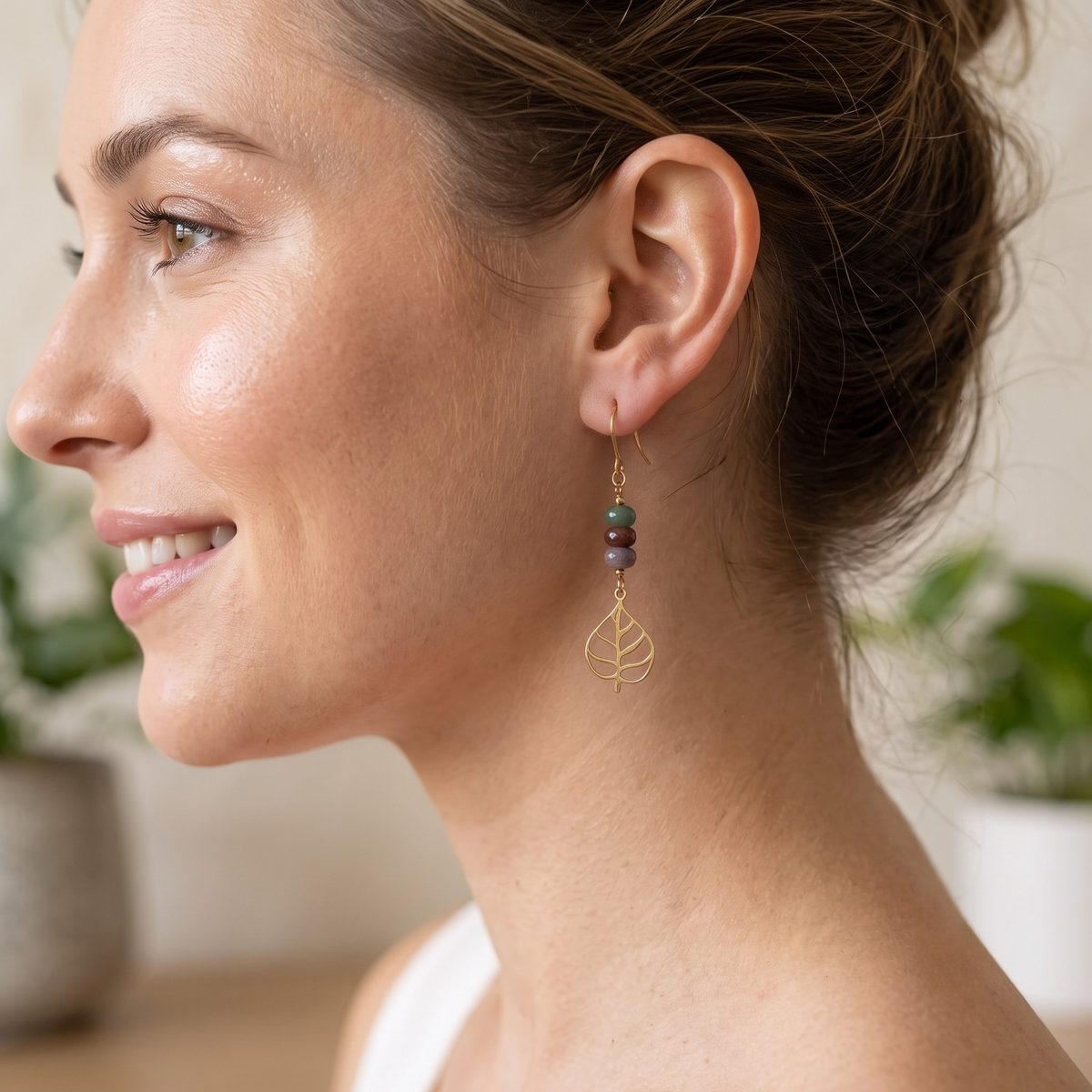 Indian Agate & Monstera Drop Earrings – Gold-Plated Stainless Steel