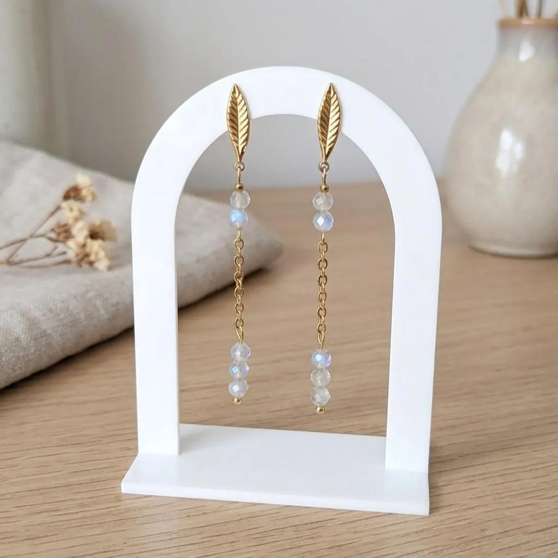 Labradorite Leaf Chain Drop Earrings – Gold-Plated Stainless Steel