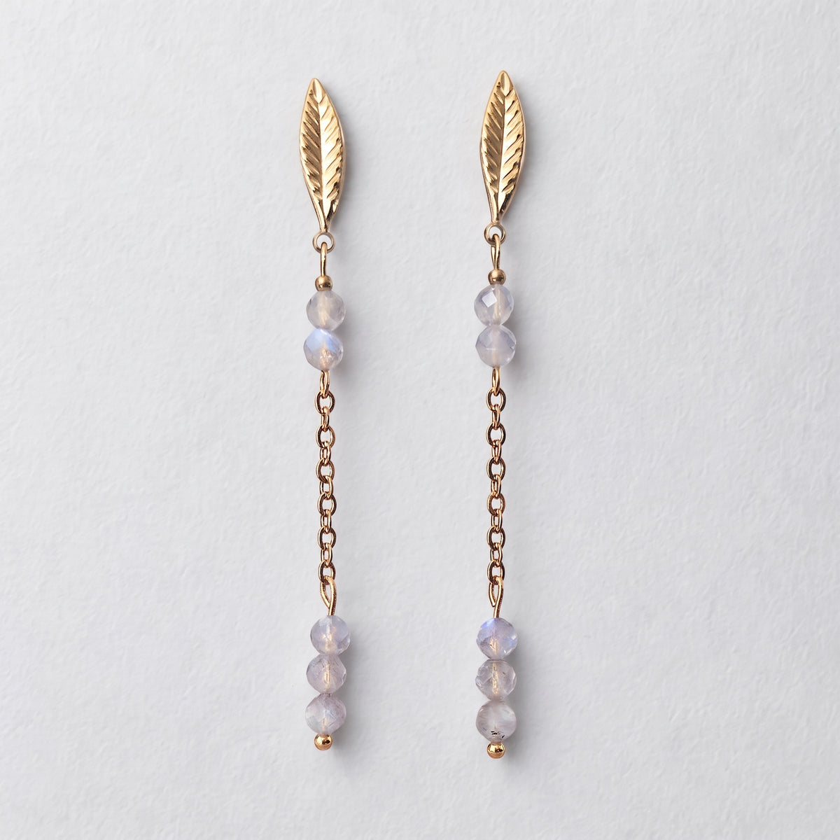 Labradorite Leaf Chain Drop Earrings – Gold-Plated Stainless Steel