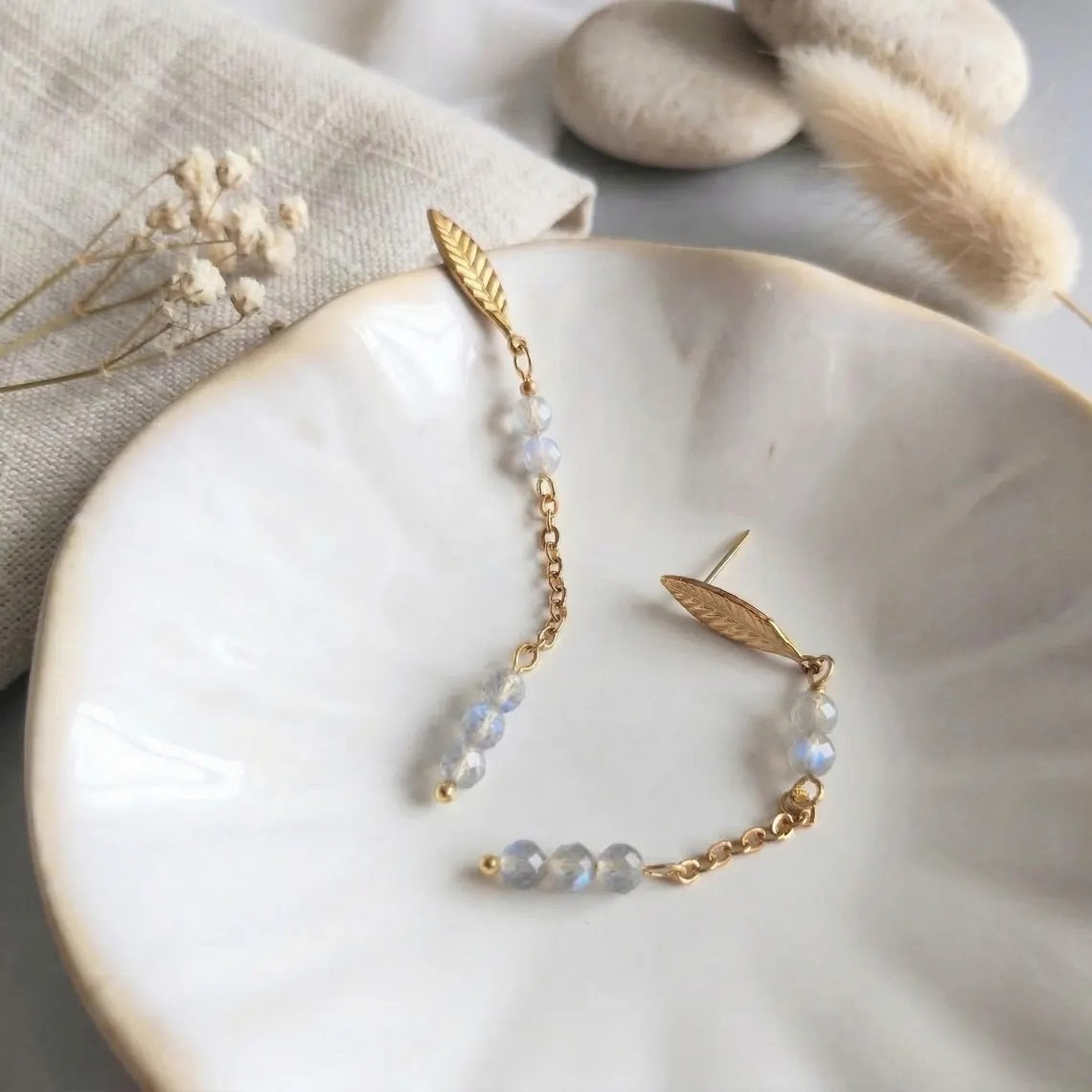 Labradorite Leaf Chain Drop Earrings – Gold-Plated Stainless Steel