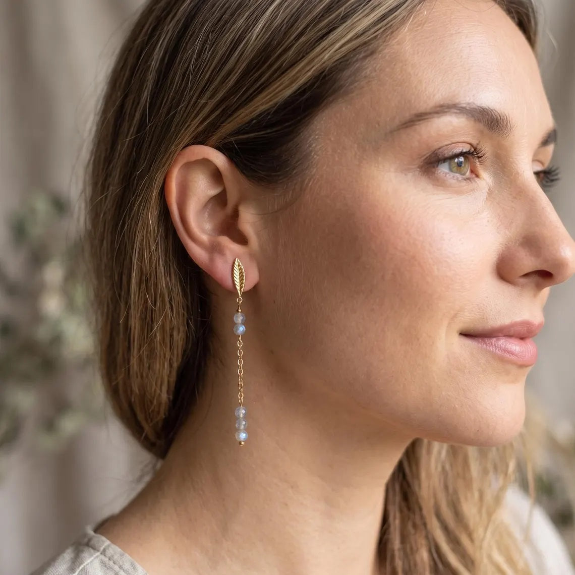 Labradorite Leaf Chain Drop Earrings – Gold-Plated Stainless Steel