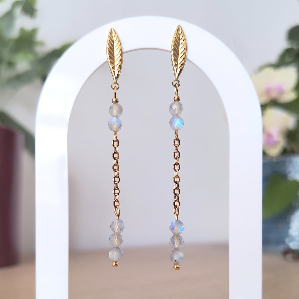 Labradorite Leaf Chain Drop Earrings – Gold-Plated Stainless Steel