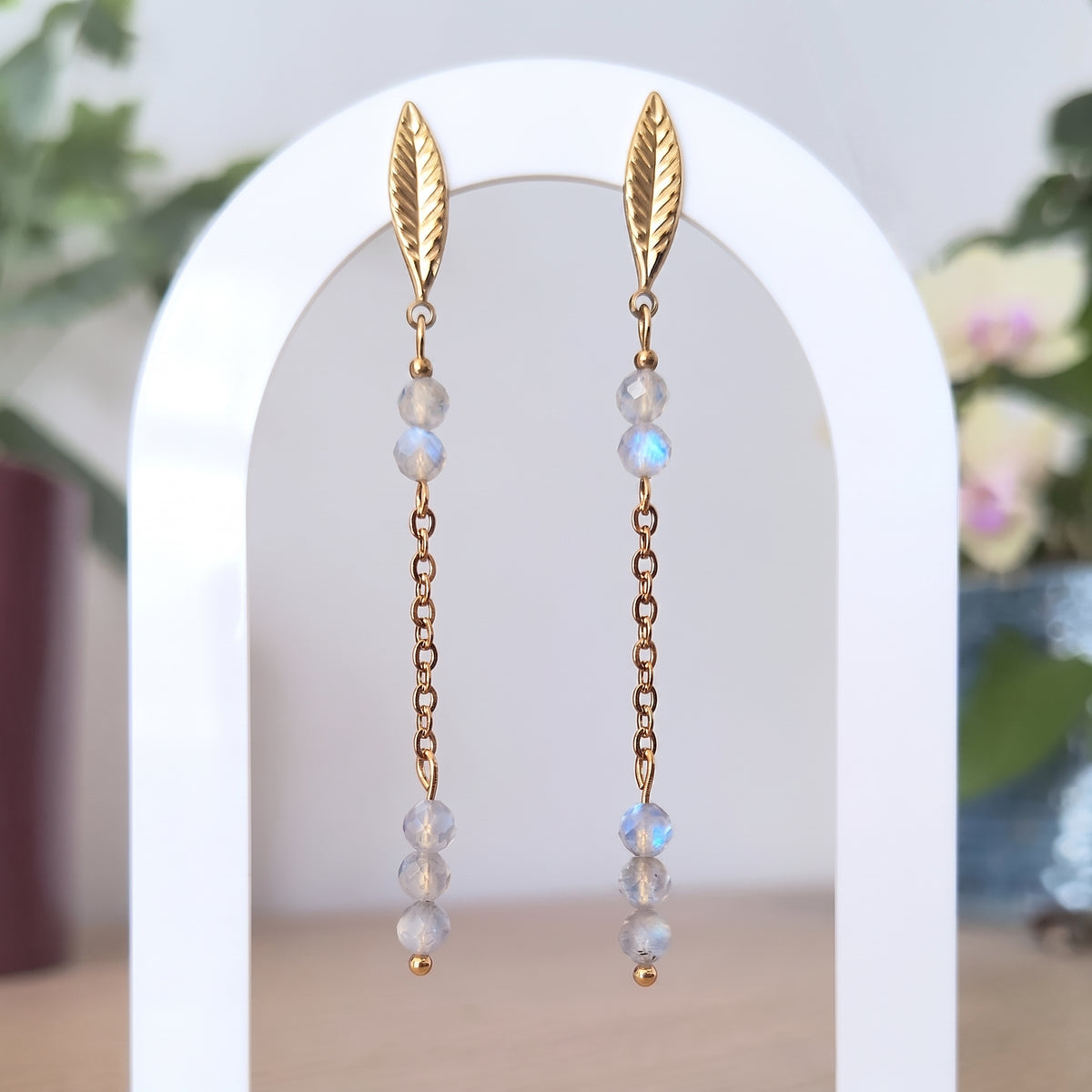 Labradorite Leaf Chain Drop Earrings – Gold-Plated Stainless Steel