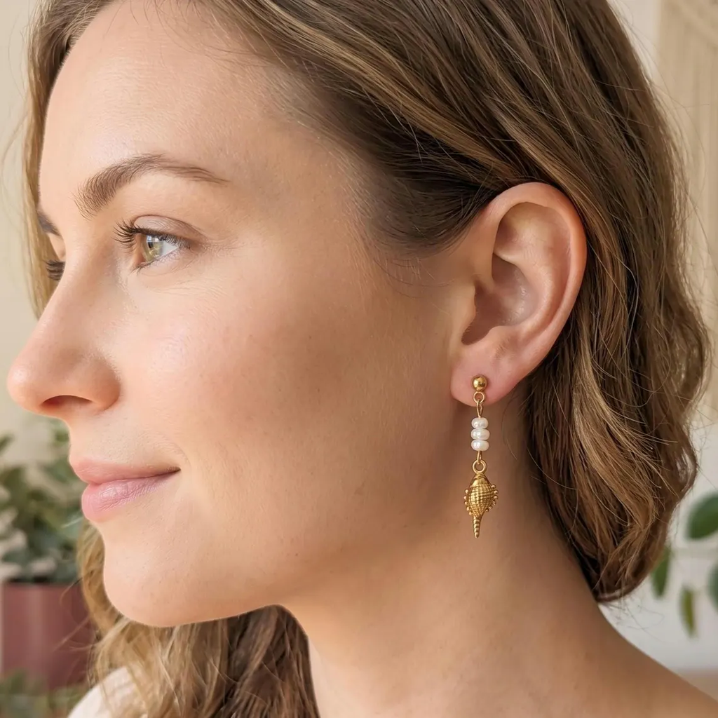 Pearl Seashell Drop Earrings – Gold-Plated Stainless Steel