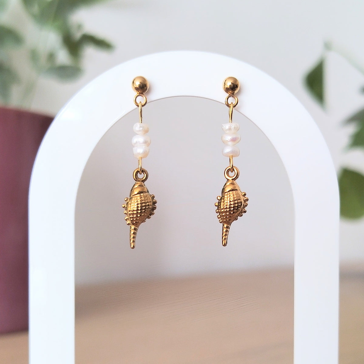 Pearl Seashell Drop Earrings – Gold-Plated Stainless Steel