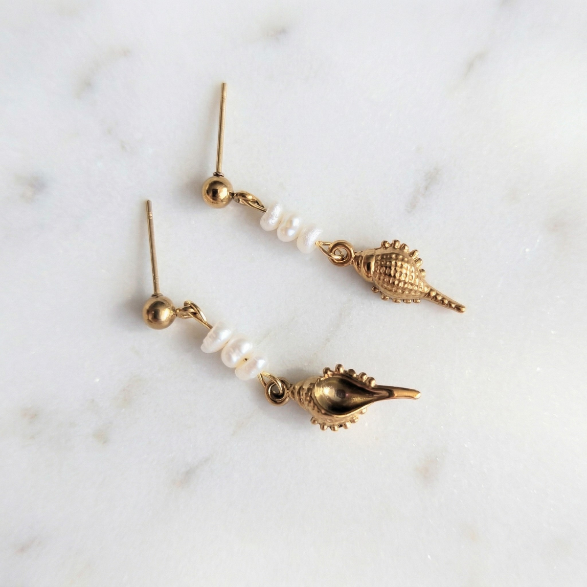 Pearl Seashell Drop Earrings – Gold-Plated Stainless Steel