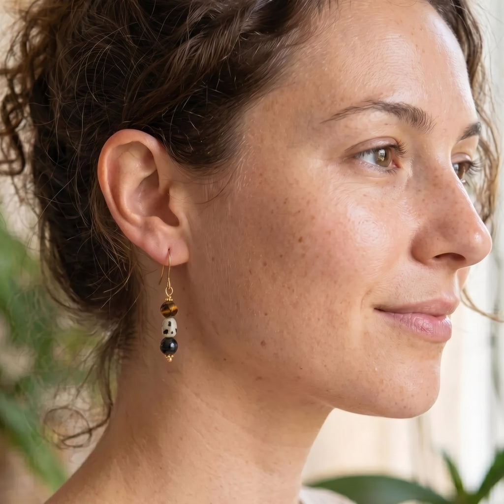 TIger Eye Dalmatian Drop Earrings – Gold-Plated Stainless Steel