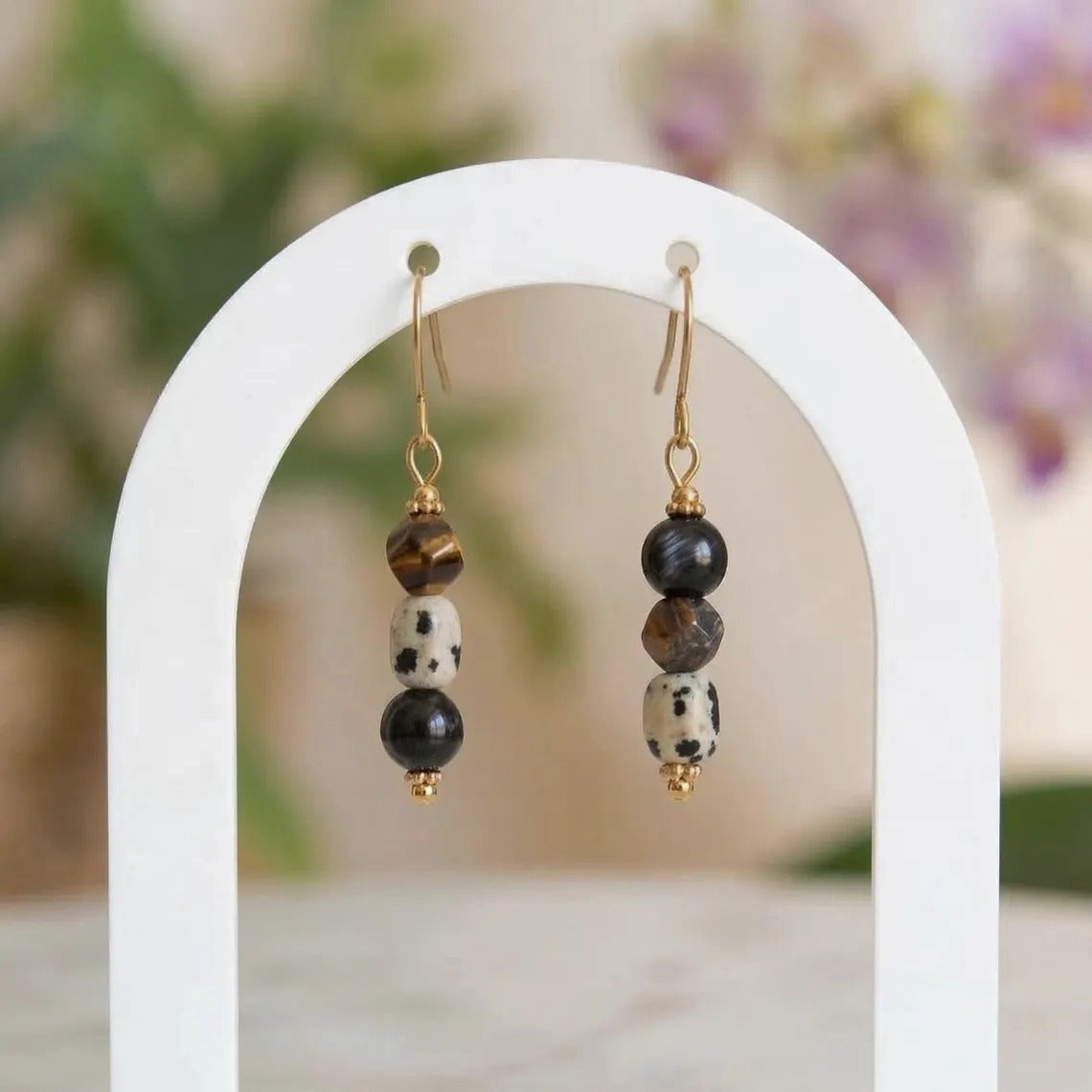 TIger Eye Dalmatian Drop Earrings – Gold-Plated Stainless Steel