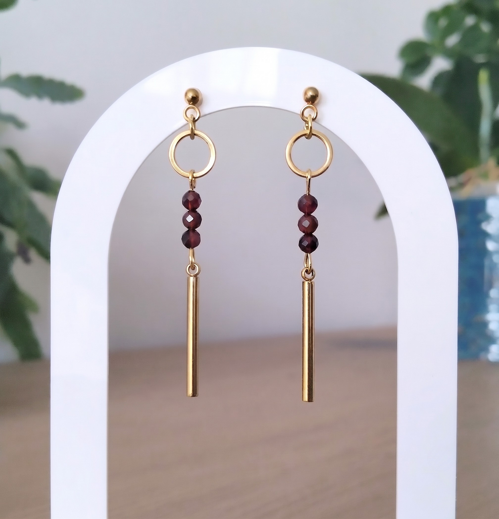 Garnet Bar Drop Earrings – Gold-Plated Stainless Steel