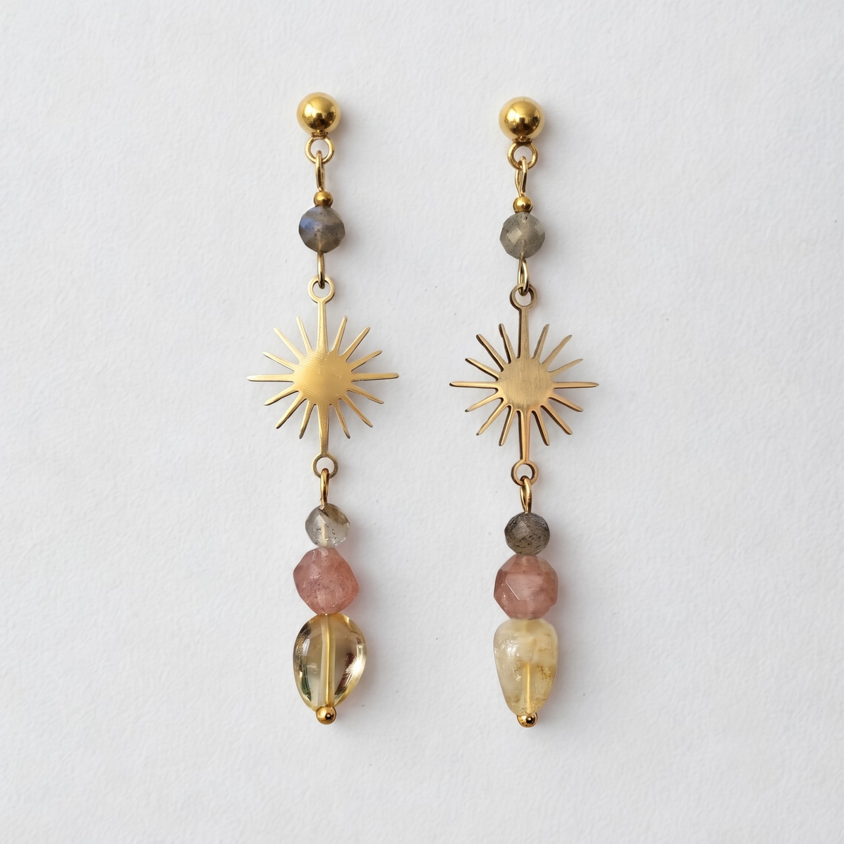 Quartz Labradorite Sun-Burst Drop Earrings – Gold-Plated Stainless Steel