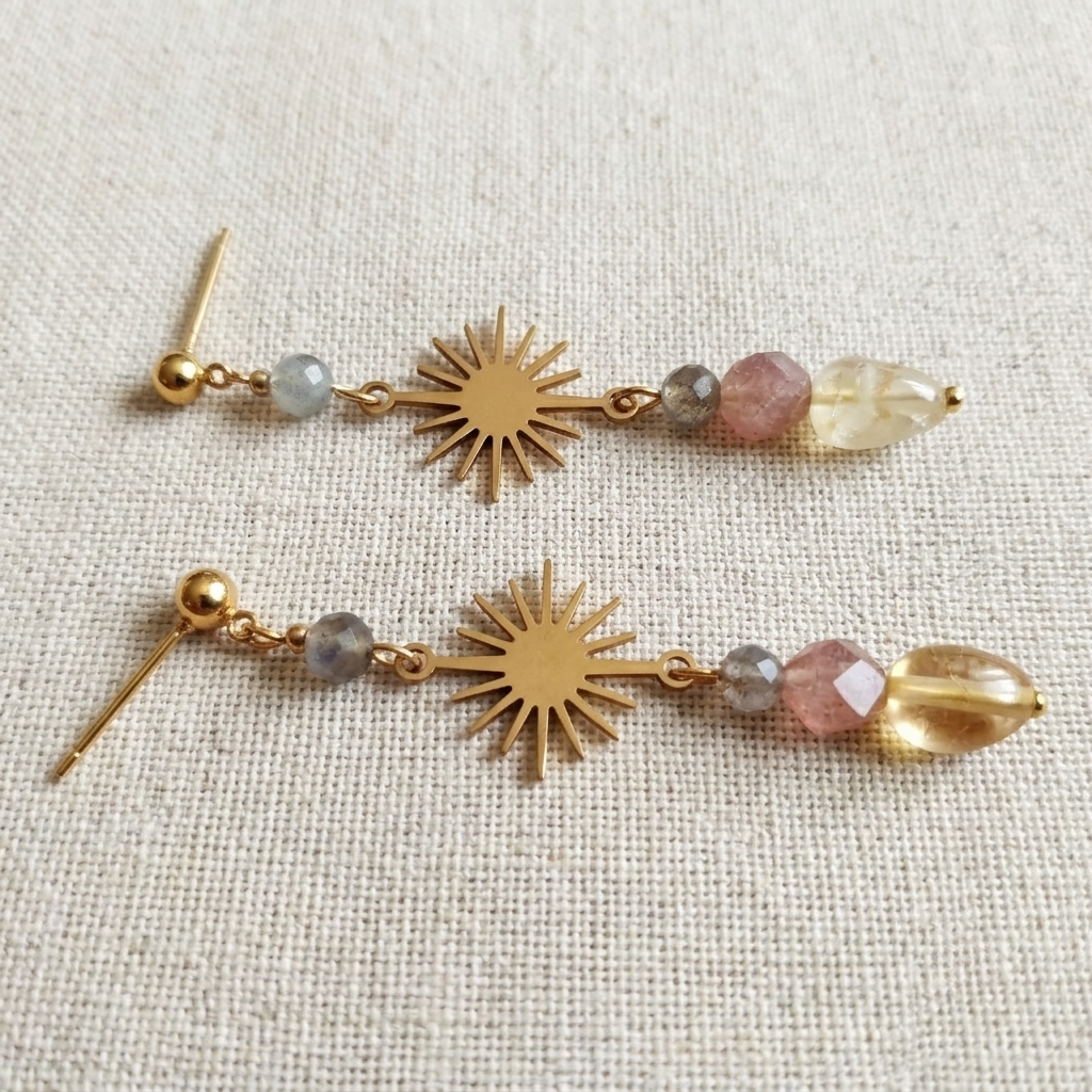 Quartz Labradorite Sun-Burst Drop Earrings – Gold-Plated Stainless Steel