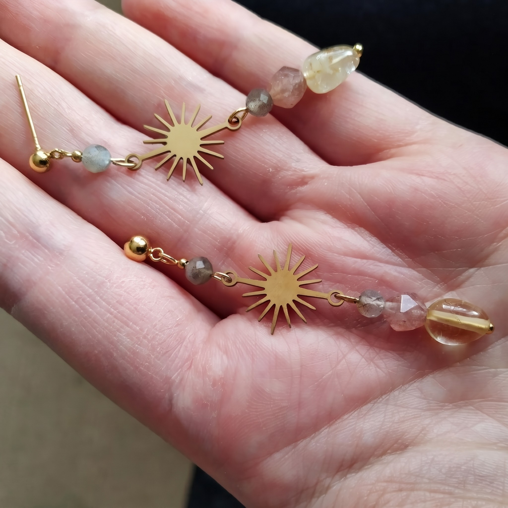 Quartz Labradorite Sun-Burst Drop Earrings – Gold-Plated Stainless Steel