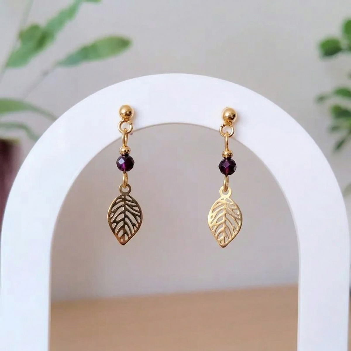 Natural Gemstone Leaf Drop Earrings – Gold-Plated Stainless Steel