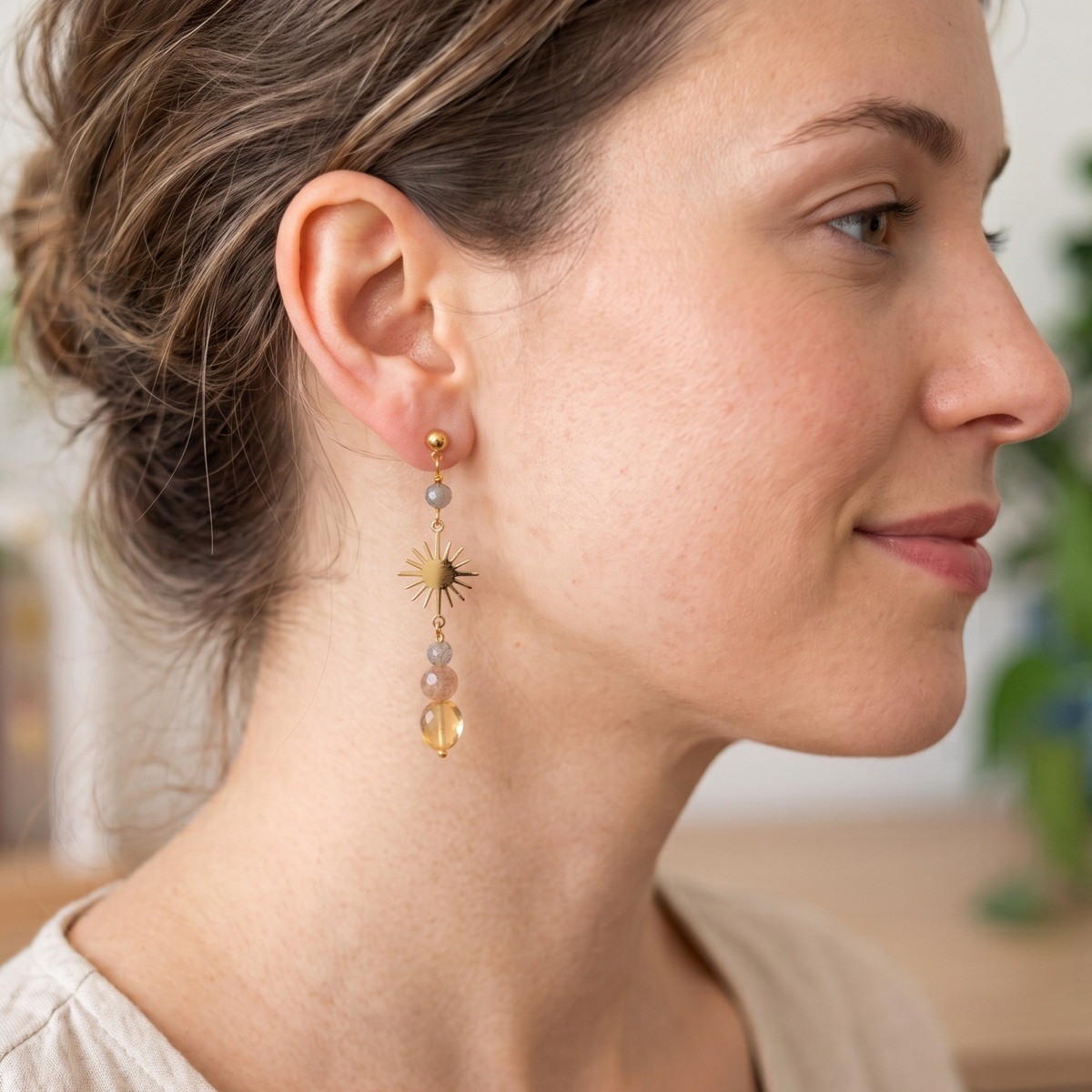Quartz Labradorite Sun-Burst Drop Earrings – Gold-Plated Stainless Steel