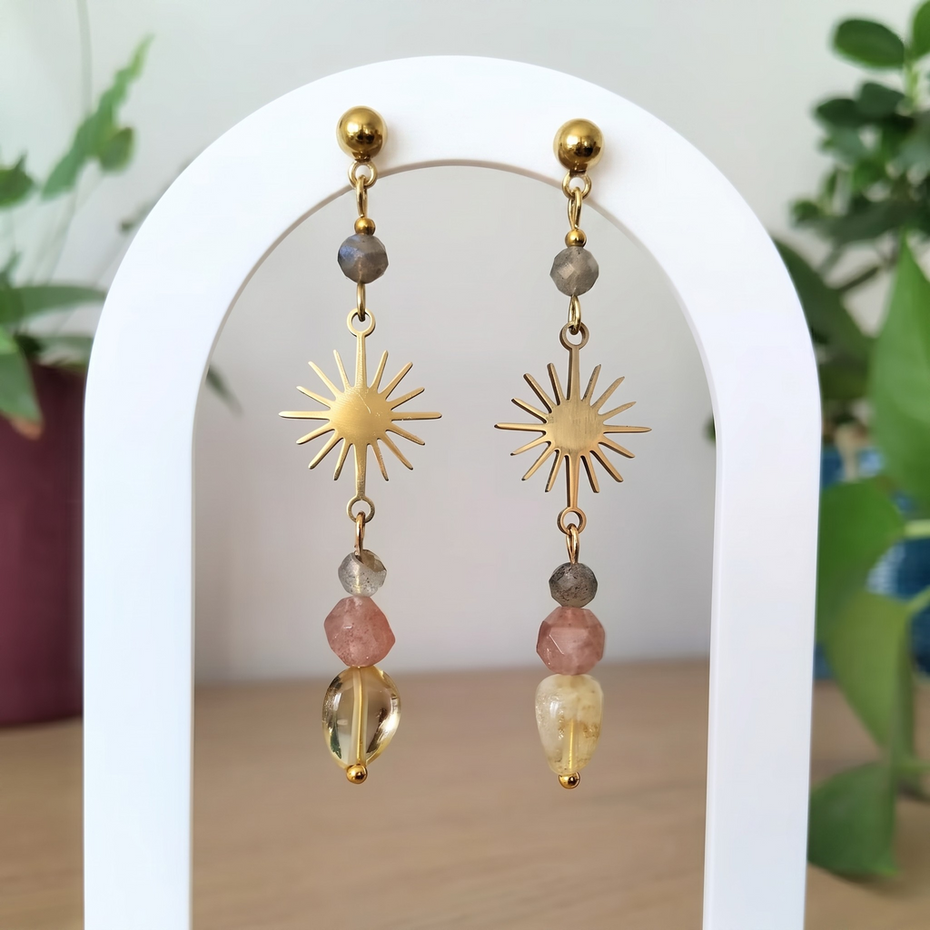 Quartz Labradorite Sun-Burst Drop Earrings – Gold-Plated Stainless Steel