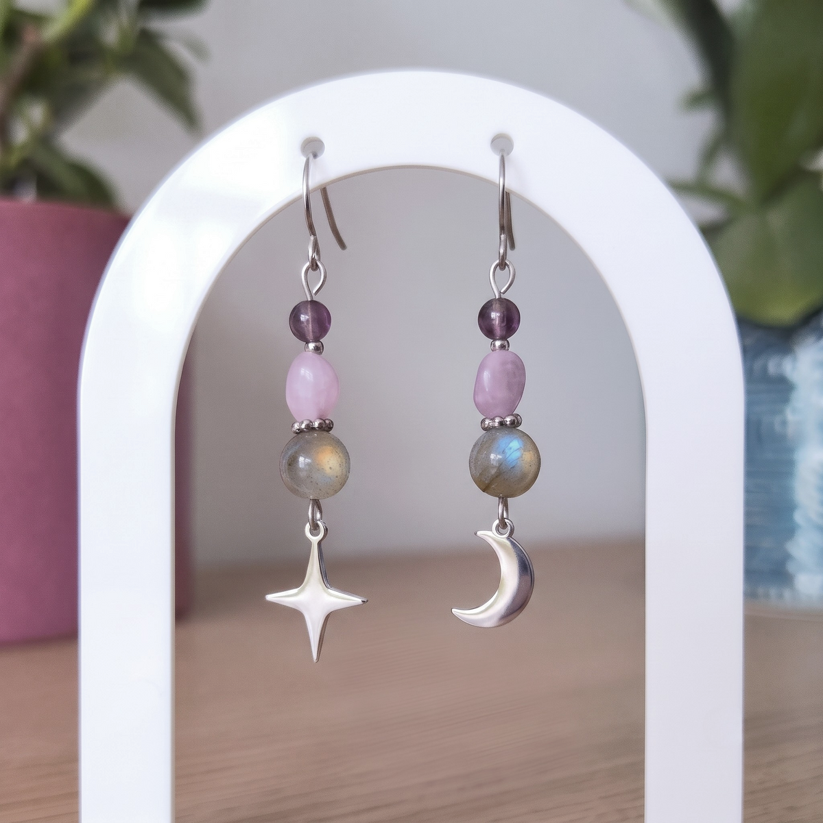 Labradorite Celestial Drop Earrings – Silver Stainless Steel