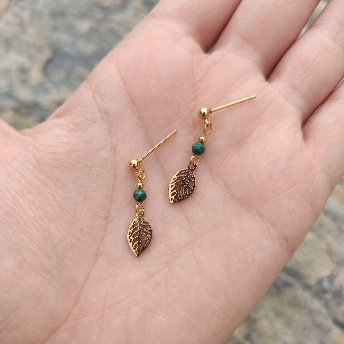 Natural Gemstone Leaf Drop Earrings – Gold-Plated Stainless Steel