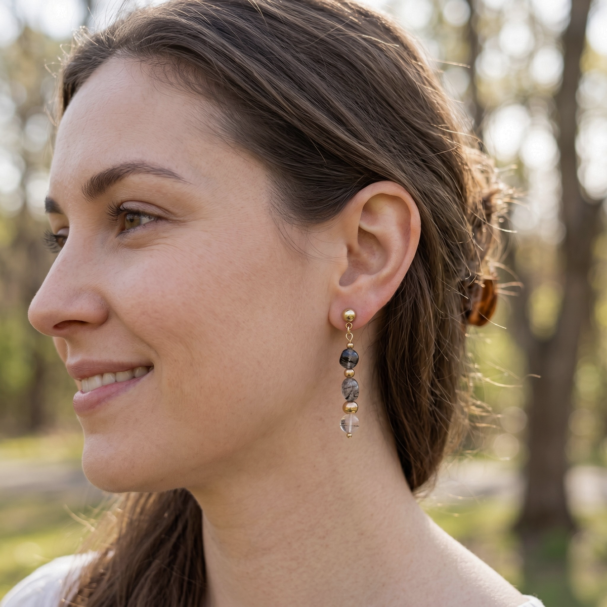 Tourmalinated Quartz Pebble Drop Earrings – Gold-Plated Stainless Steel