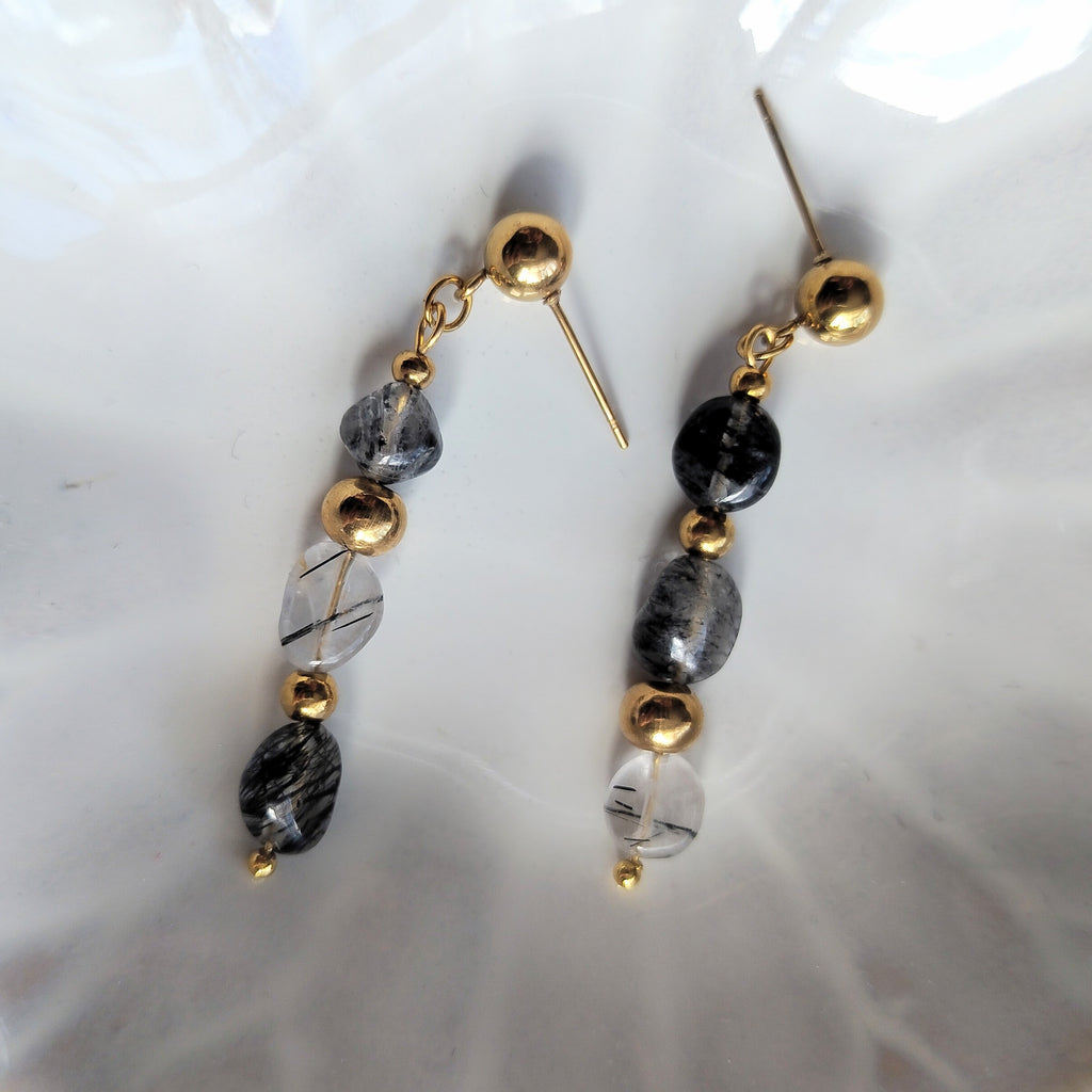 Tourmalinated Quartz Pebble Drop Earrings – Gold-Plated Stainless Steel