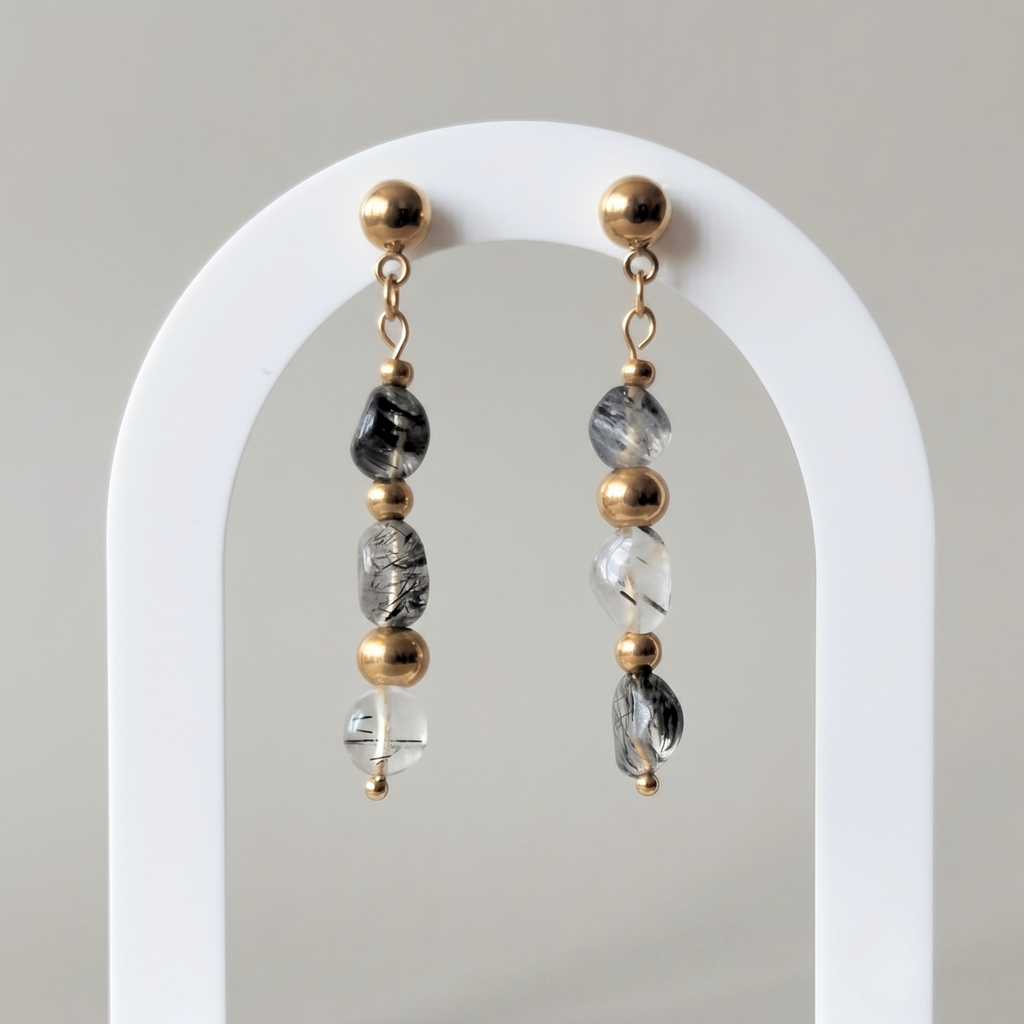 Tourmalinated Quartz Pebble Drop Earrings – Gold-Plated Stainless Steel