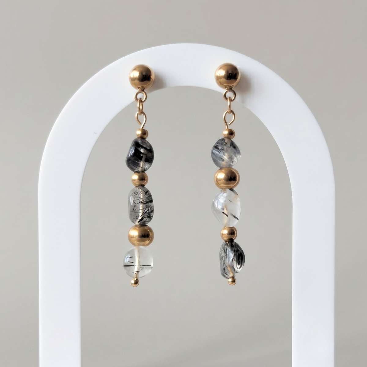 Tourmalinated Quartz Pebble Drop Earrings – Gold-Plated Stainless Steel