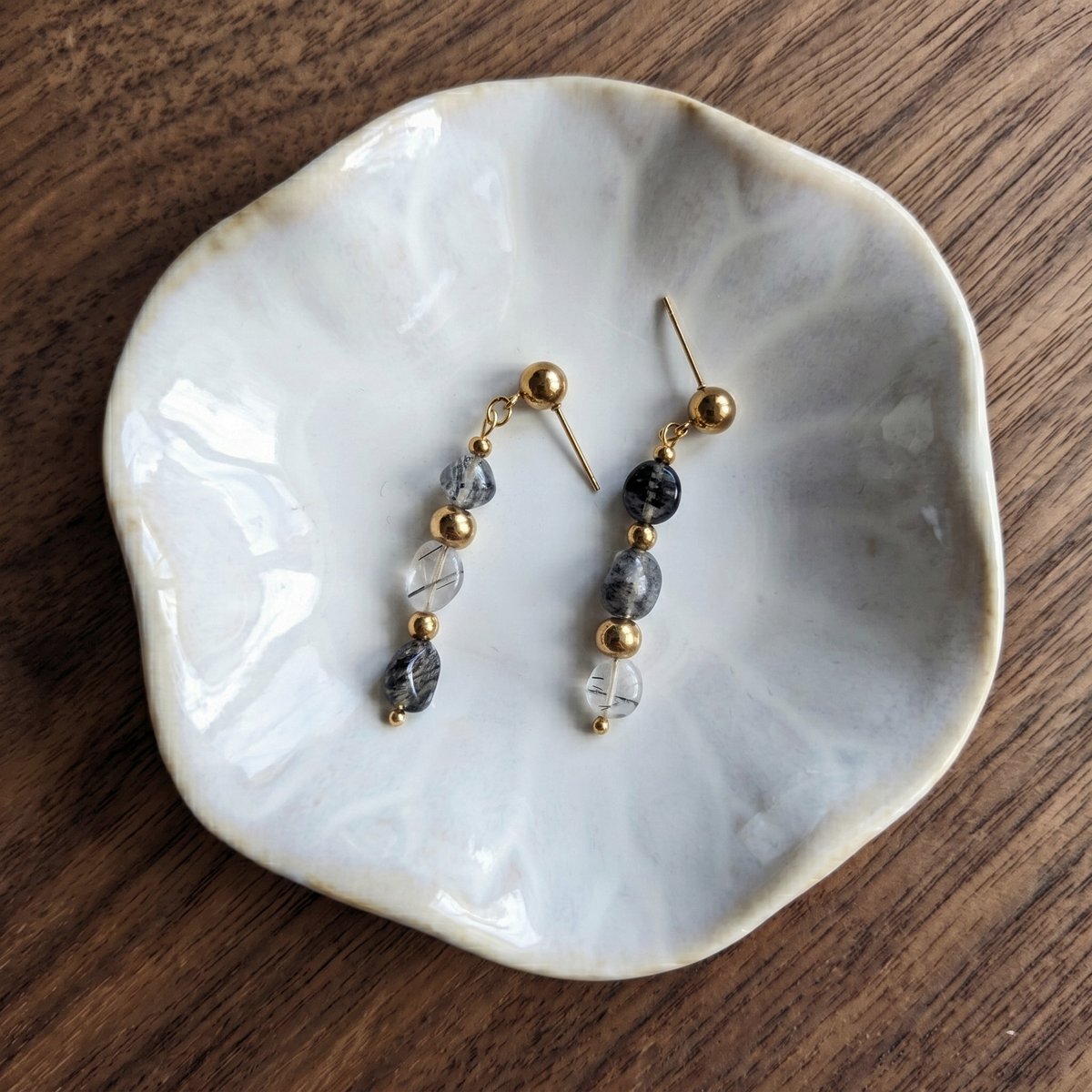 Tourmalinated Quartz Pebble Drop Earrings – Gold-Plated Stainless Steel