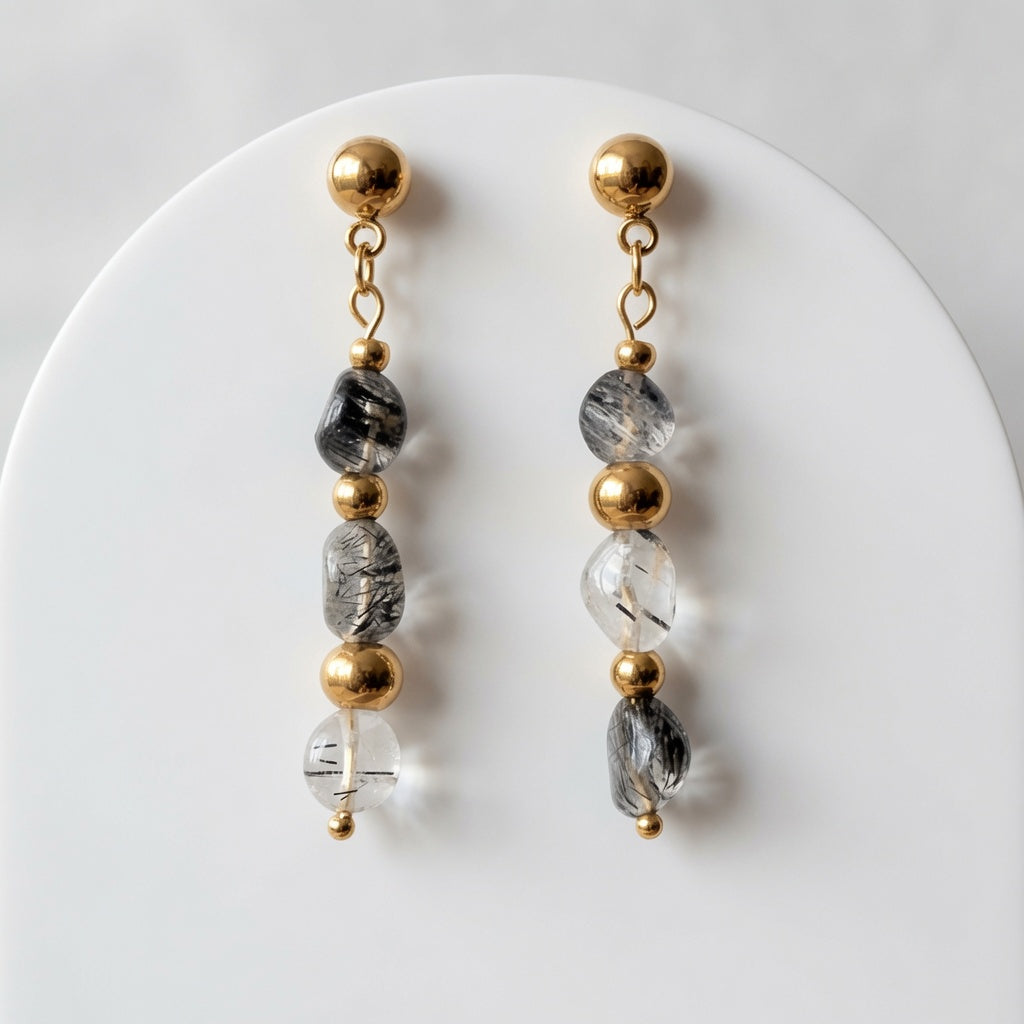 Tourmalinated Quartz Pebble Drop Earrings – Gold-Plated Stainless Steel