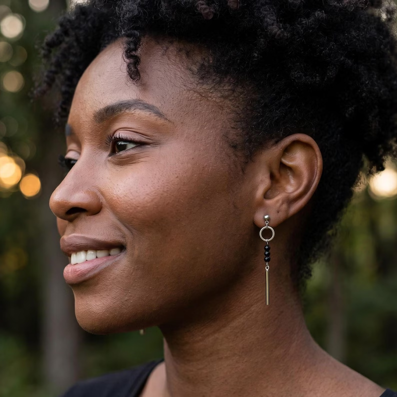 Obsidian Bar Drop Earrings – Silver Stainless Steel
