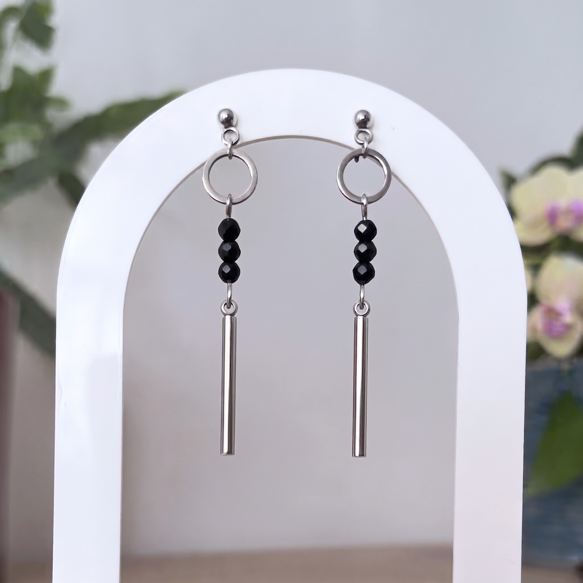 Obsidian Bar Drop Earrings – Silver Stainless Steel