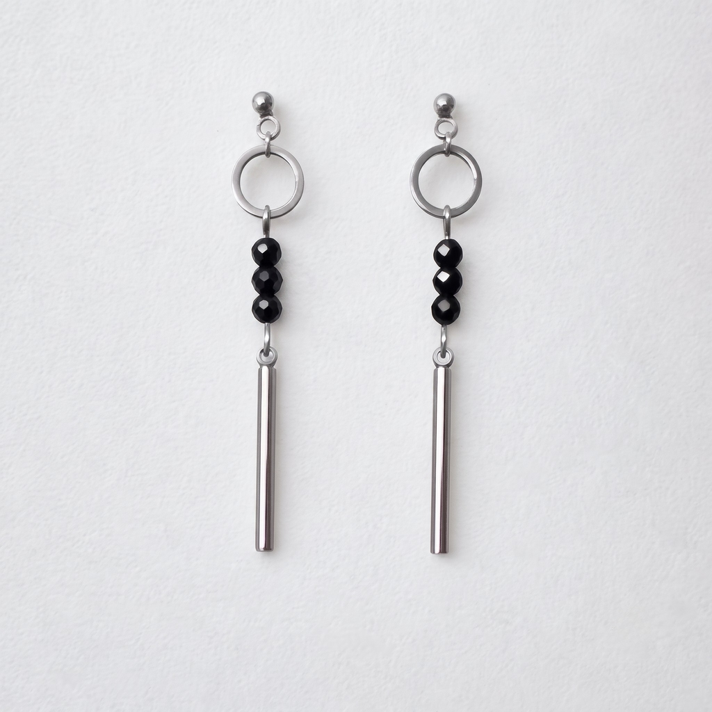 Obsidian Bar Drop Earrings – Silver Stainless Steel