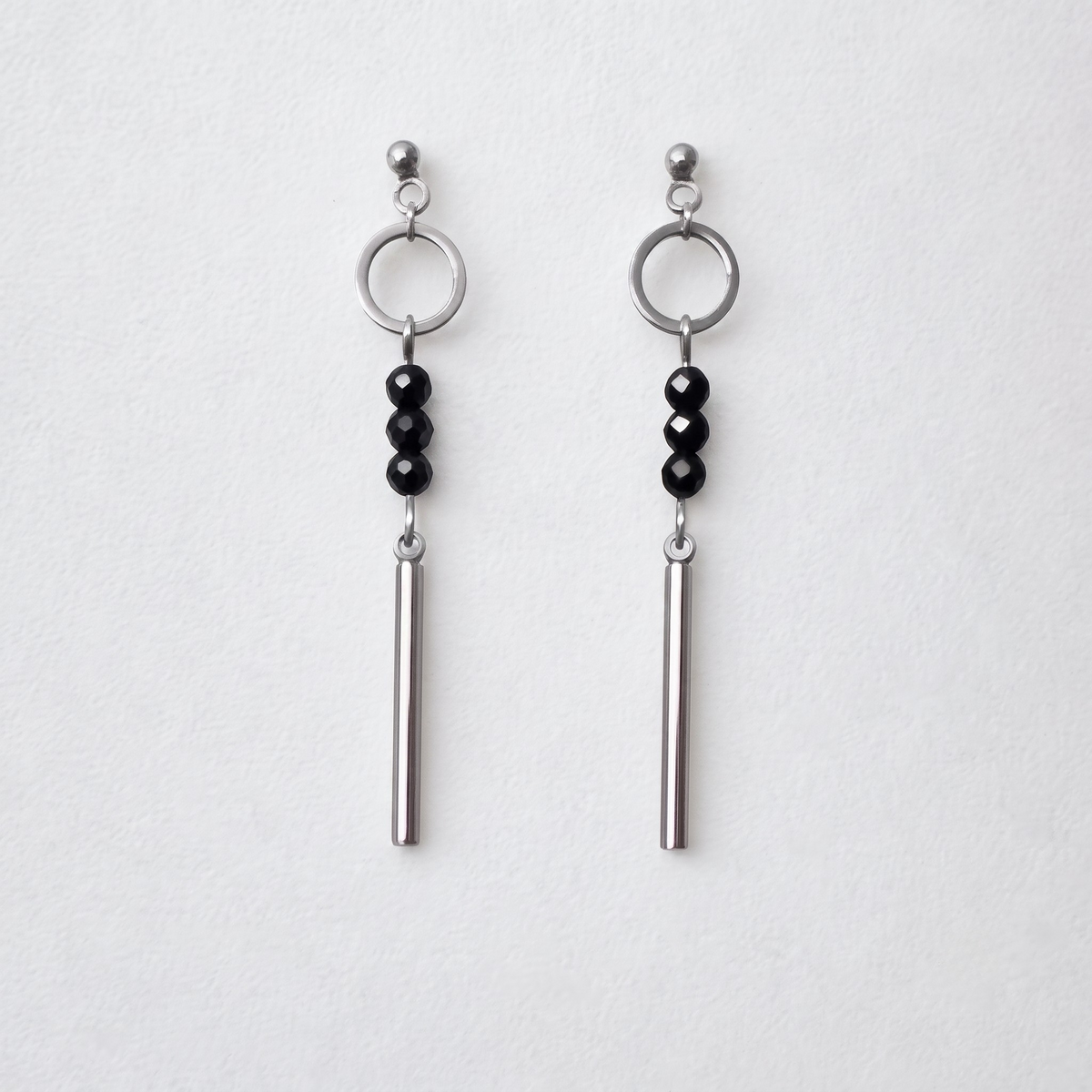 Obsidian Bar Drop Earrings – Silver Stainless Steel