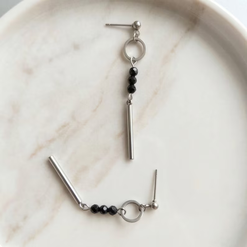 Obsidian Bar Drop Earrings – Silver Stainless Steel