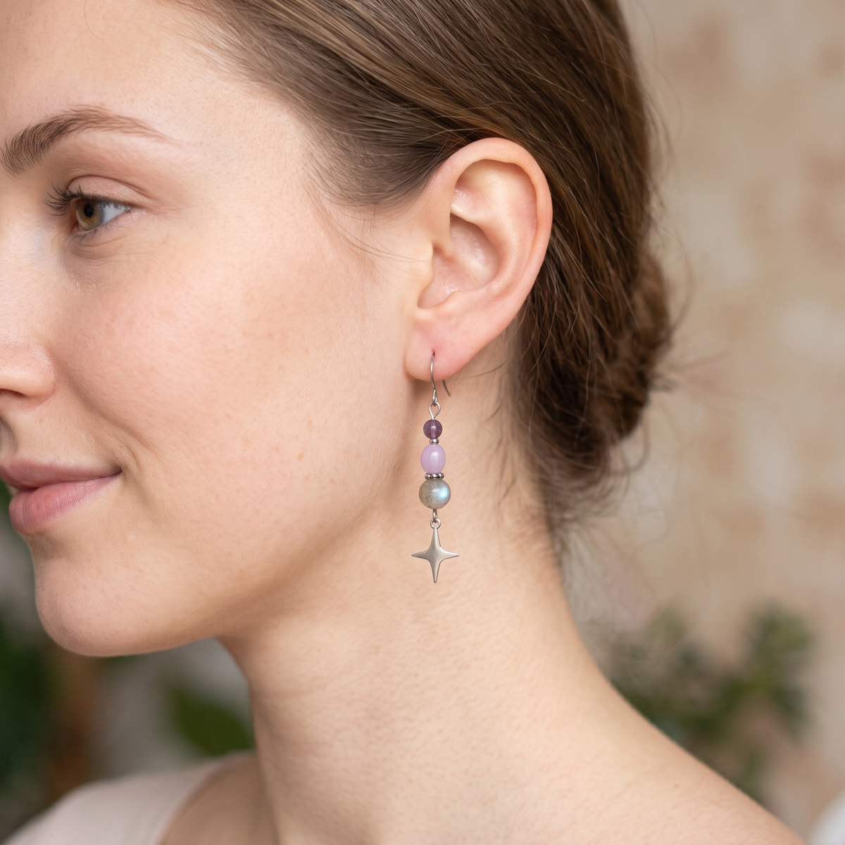 Labradorite Celestial Drop Earrings – Silver Stainless Steel