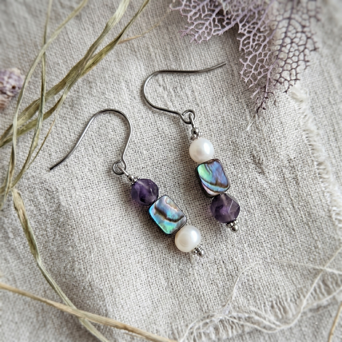 Pearl Paua Quartz Drop Earrings – Silver Stainless Steel