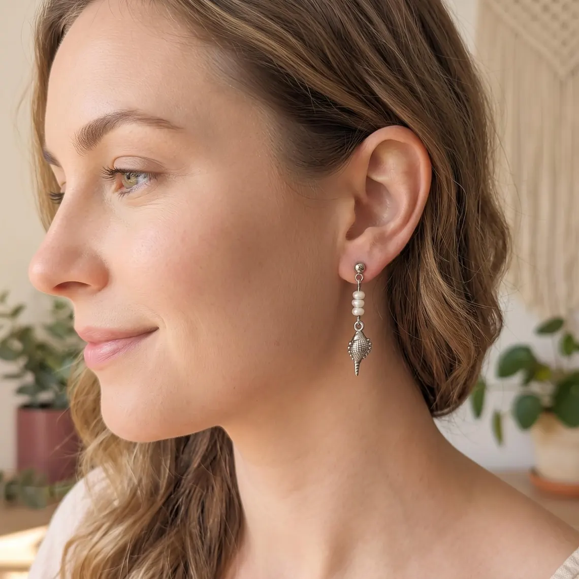 Pearl Seashell Drop Earrings – Silver Stainless Steel