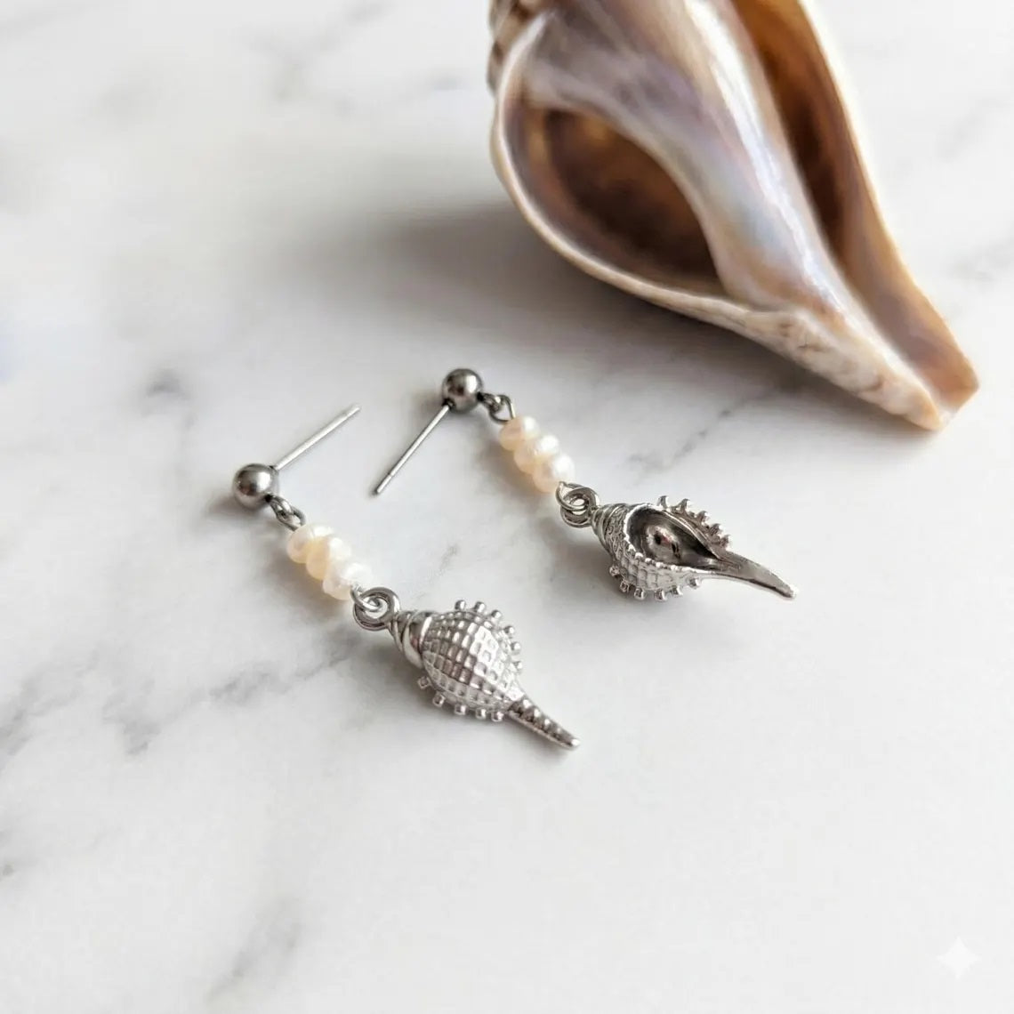Pearl Seashell Drop Earrings – Silver Stainless Steel