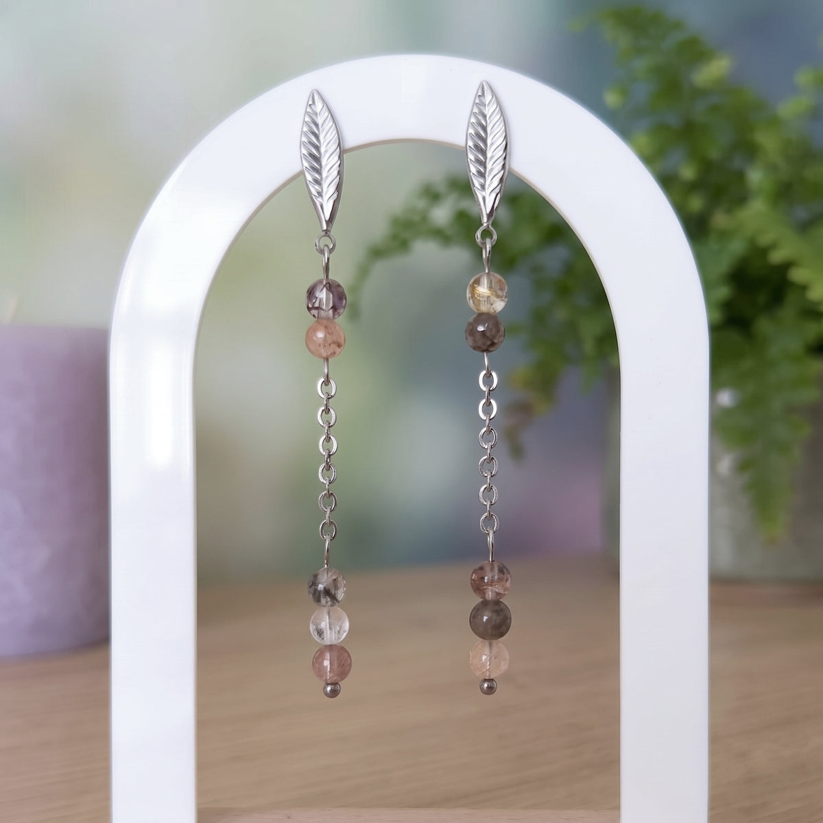 Rutilated Quartz Leaf Chain Drop Earrings – Silver Stainless Steel