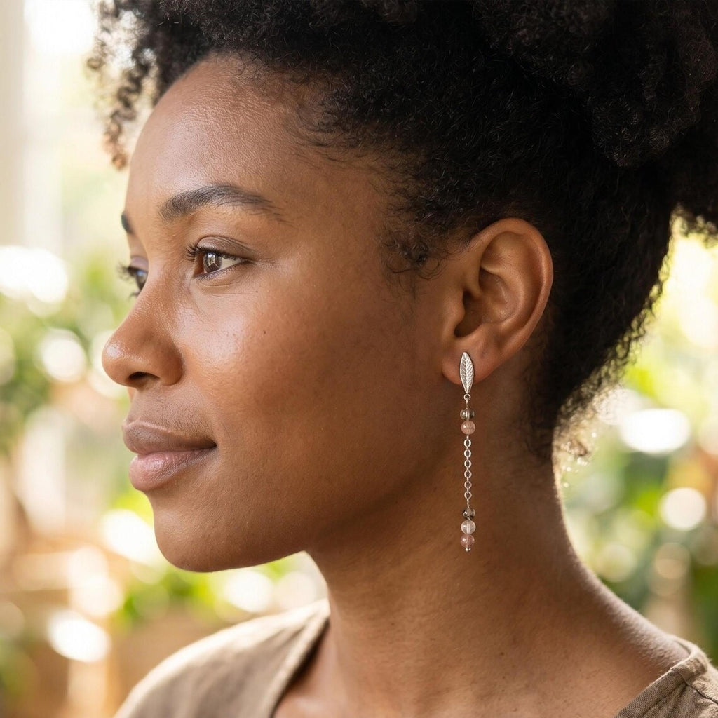 Rutilated Quartz Leaf Chain Drop Earrings – Silver Stainless Steel
