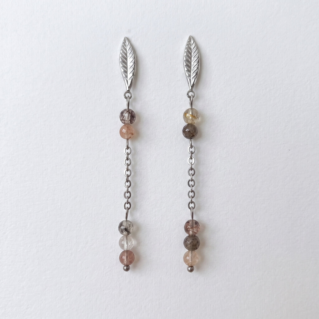 Rutilated Quartz Leaf Chain Drop Earrings – Silver Stainless Steel