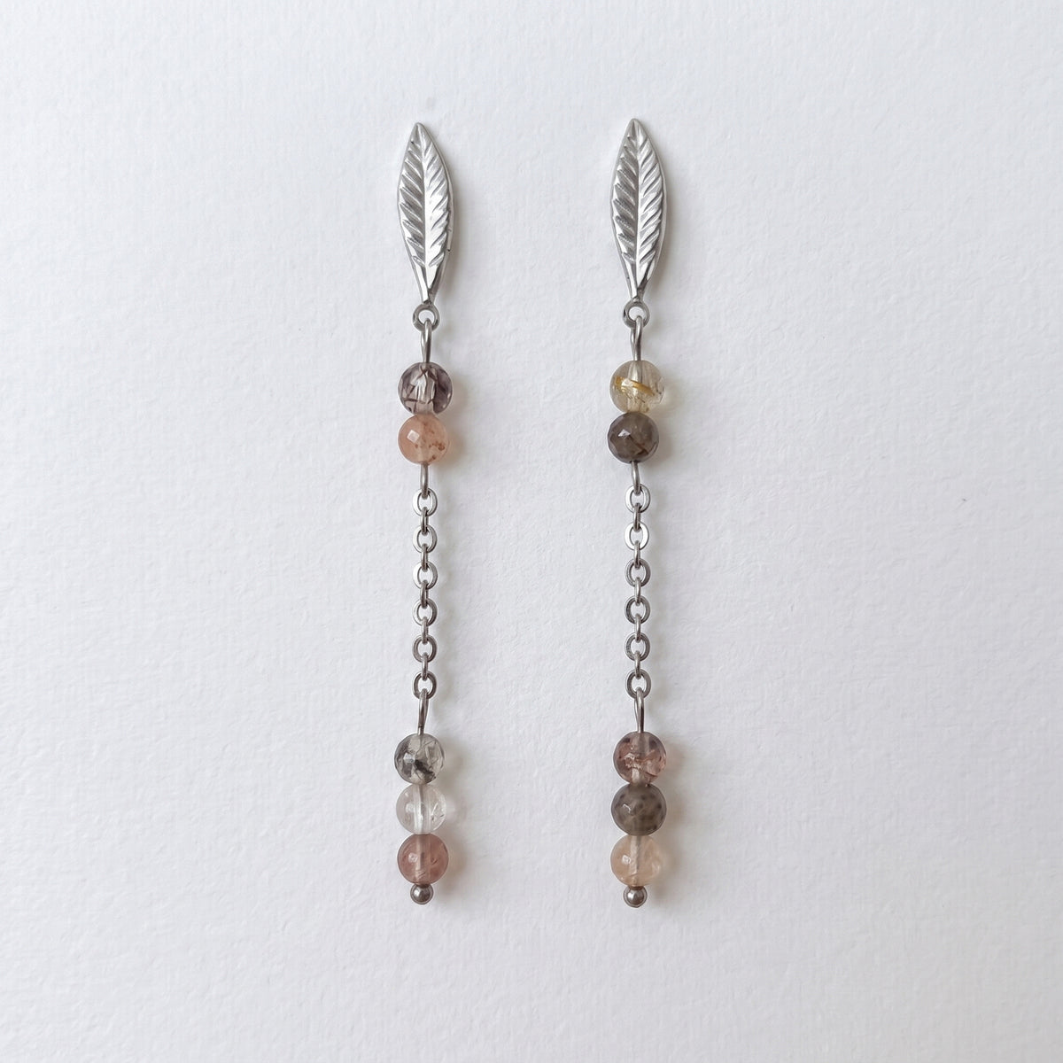 Rutilated Quartz Leaf Chain Drop Earrings – Silver Stainless Steel