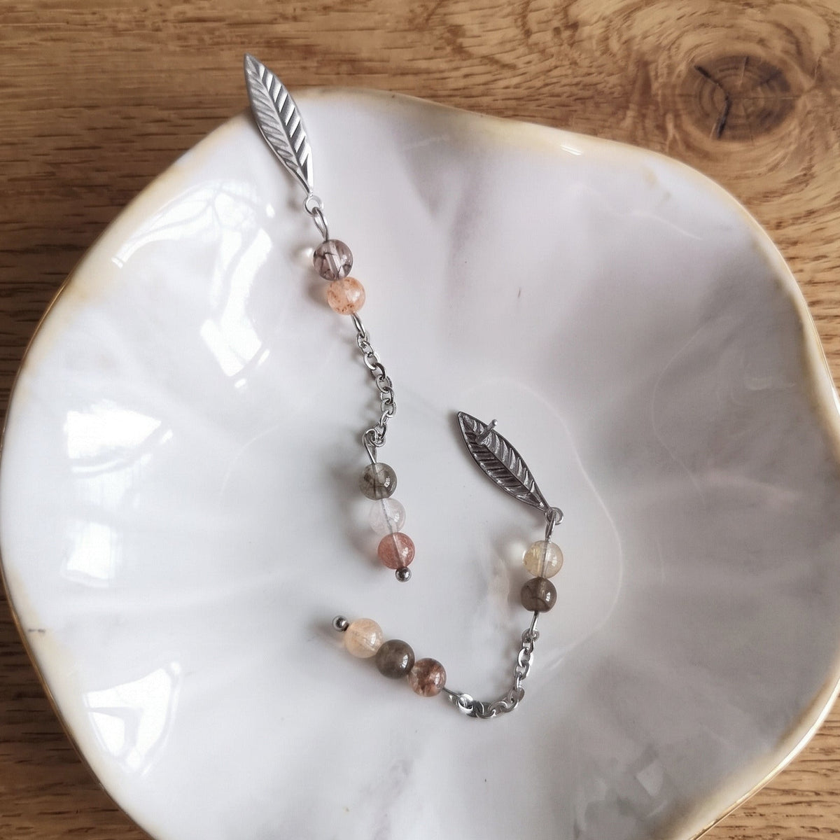 Rutilated Quartz Leaf Chain Drop Earrings – Silver Stainless Steel