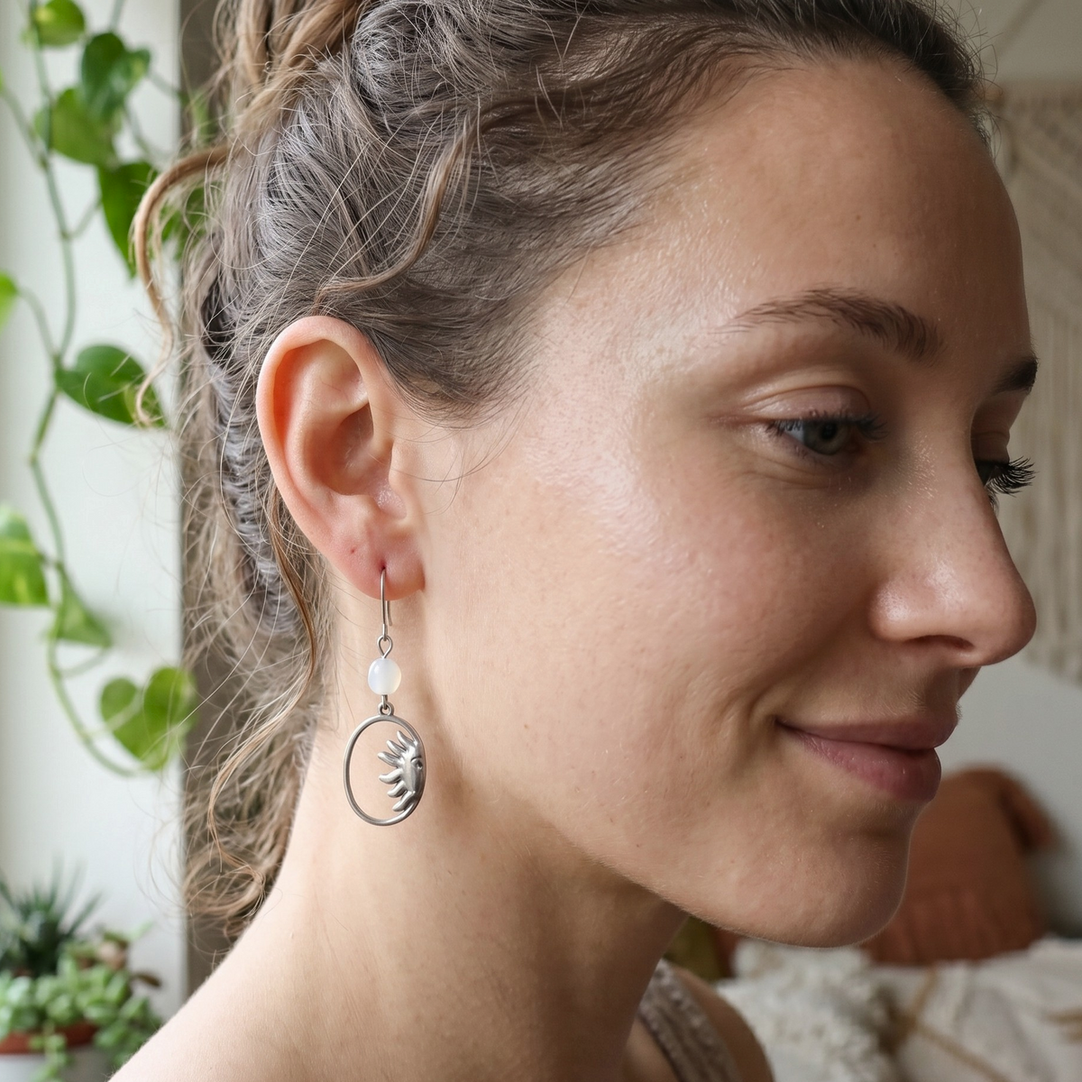 Gemstone Sunburst Oval Drop Earrings – Silver Stainless Steel