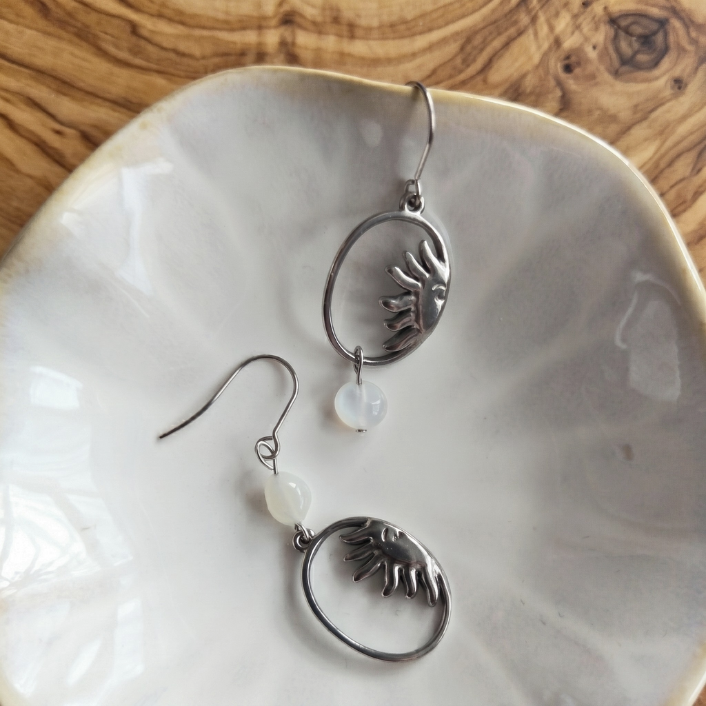 Gemstone Sunburst Oval Drop Earrings – Silver Stainless Steel