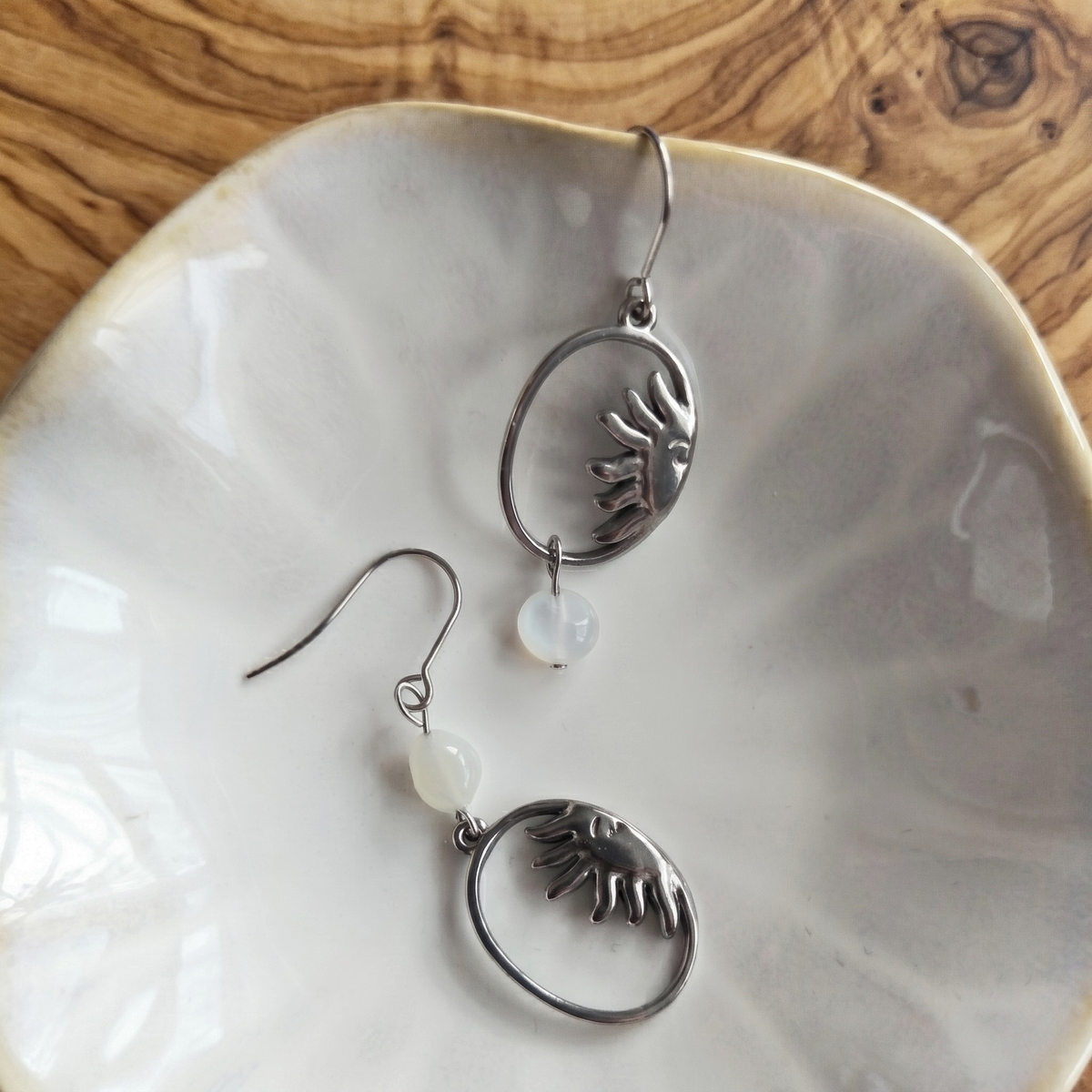 Gemstone Sunburst Oval Drop Earrings – Silver Stainless Steel
